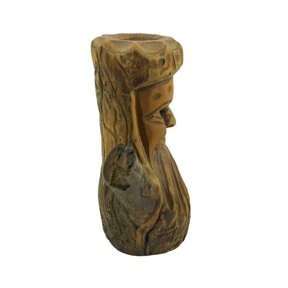 Carved Wood Taper Candle Holder Smiling Bearded Man Face Natural Rustic Handmade - Picture 2 of 7